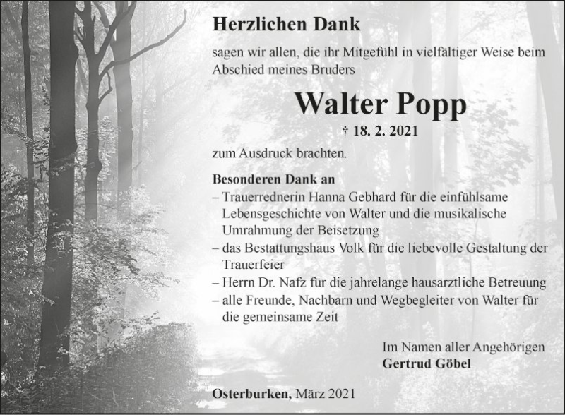  Traueranzeige für Walter Popp vom 20.03.2021 aus Fränkische Nachrichten