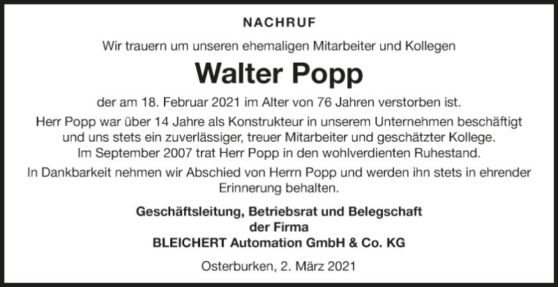  Traueranzeige für Walter Popp vom 02.03.2021 aus Fränkische Nachrichten