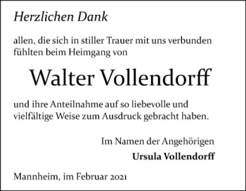 Traueranzeige von Walter Vollendorff von Mannheimer Morgen