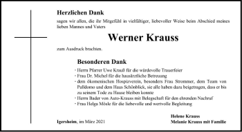 Traueranzeige von Werner Krauss von Fränkische Nachrichten