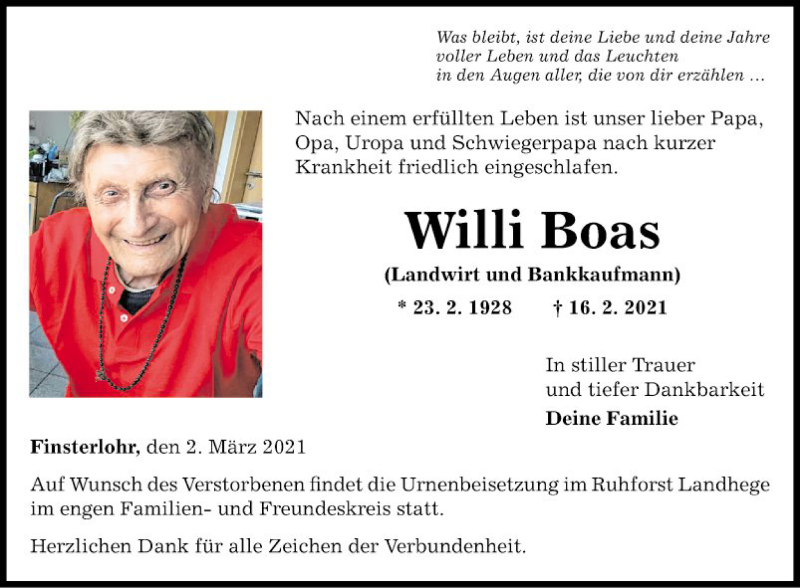  Traueranzeige für Willi Boas vom 02.03.2021 aus Fränkische Nachrichten