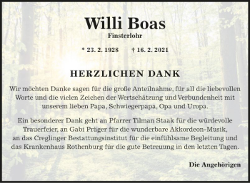 Traueranzeige von Willi Boas von Fränkische Nachrichten