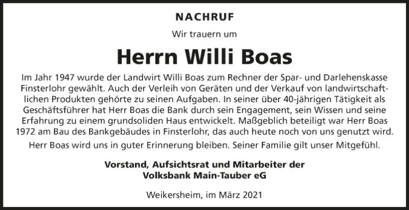  Traueranzeige für Willi Boas vom 09.03.2021 aus Fränkische Nachrichten