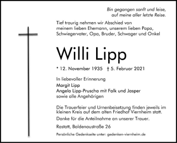 Traueranzeige von Willi Lipp von Südhessen Morgen