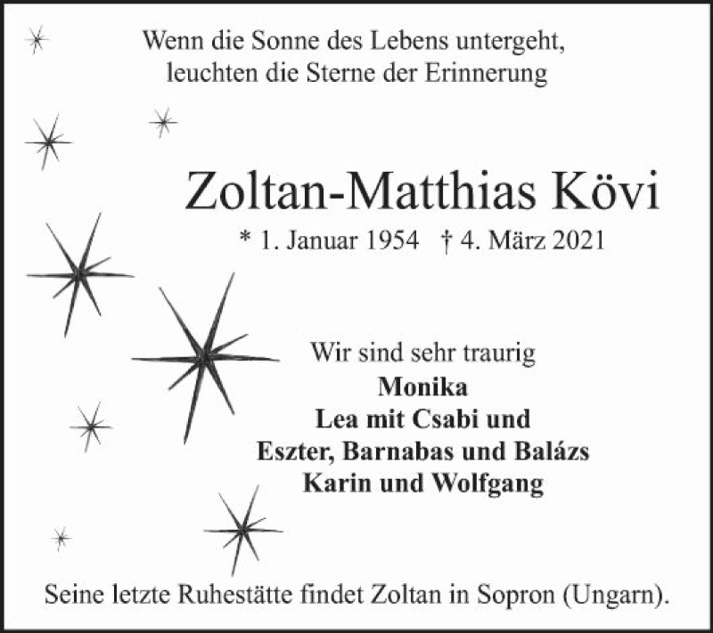  Traueranzeige für Zoltan-Matthias Kövi vom 13.03.2021 aus Mannheimer Morgen
