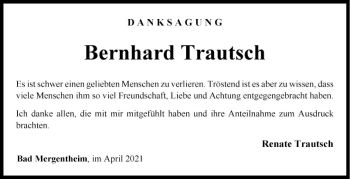Traueranzeige von Bernhard Trautsch von Fränkische Nachrichten