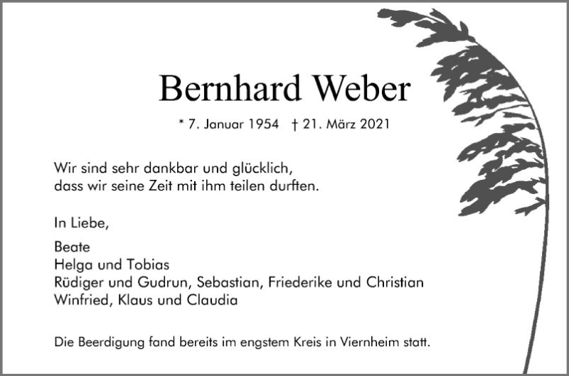 Traueranzeige für Bernhard Weber vom 03.04.2021 aus Südhessen Morgen