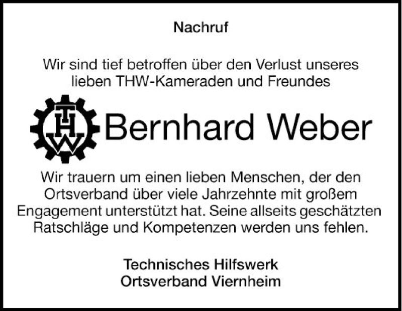  Traueranzeige für Bernhard Weber vom 08.04.2021 aus Mannheimer Morgen
