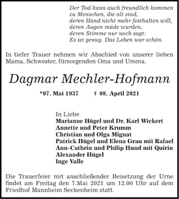 Traueranzeige von Dagmar Mechler-Hofmann von Mannheimer Morgen