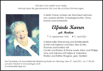 Traueranzeige von Elfriede Karrer von Schwetzinger Zeitung