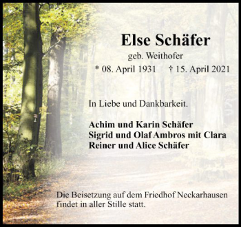 Traueranzeige von Else Schäfer von Mannheimer Morgen