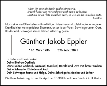 Traueranzeige von Günther Jakob Eppler von Bergsträßer Anzeiger