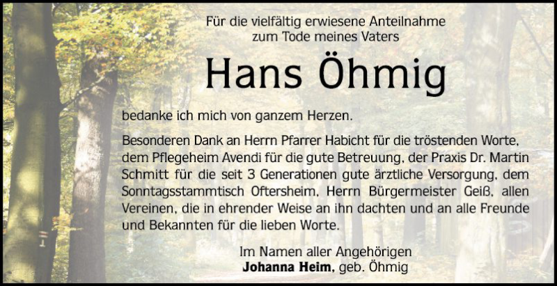  Traueranzeige für Hans Öhmig vom 17.04.2021 aus Schwetzinger Zeitung