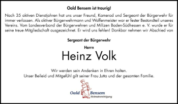 Traueranzeige von Heinz Volk von Bergsträßer Anzeiger