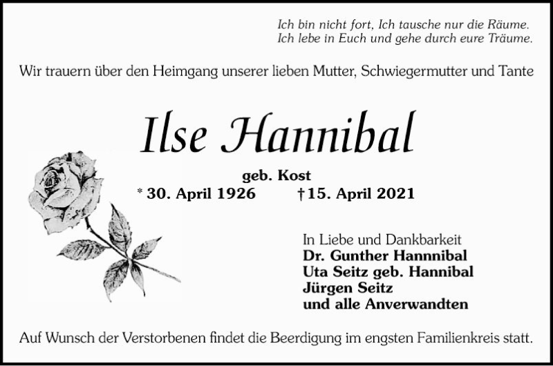  Traueranzeige für Ilse Hannibal vom 24.04.2021 aus Mannheimer Morgen