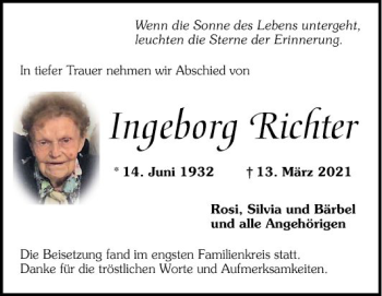 Traueranzeige von Ingeborg Richter von Mannheimer Morgen