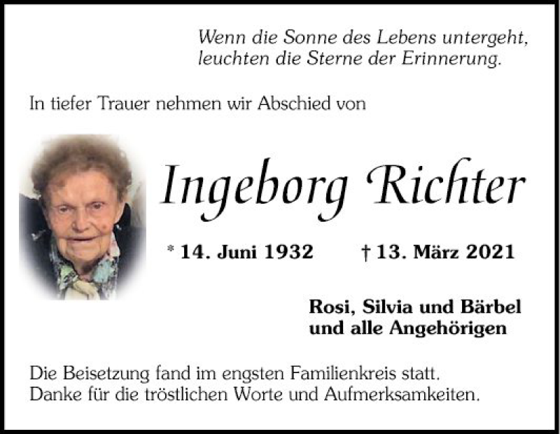  Traueranzeige für Ingeborg Richter vom 10.04.2021 aus Mannheimer Morgen