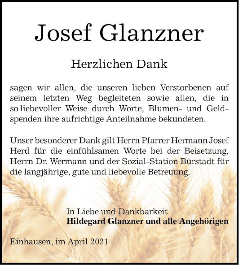  Traueranzeige für Josef Glanzner vom 10.04.2021 aus Bergsträßer Anzeiger