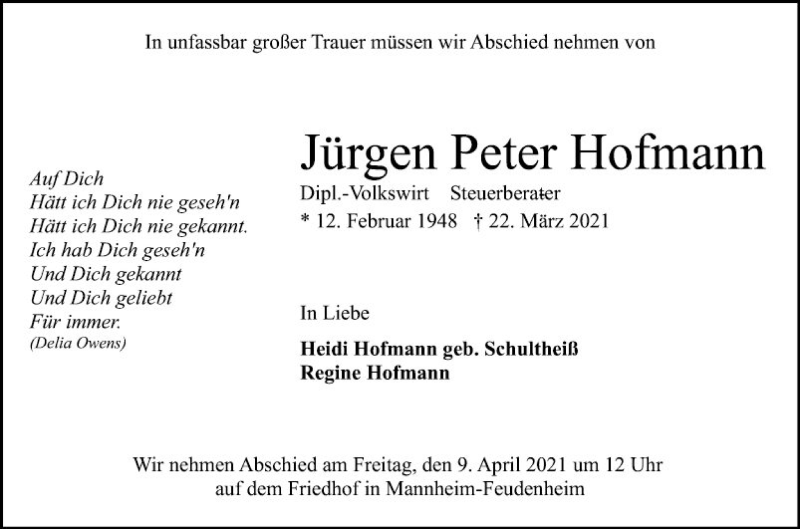  Traueranzeige für Jürgen Peter Hofmann vom 03.04.2021 aus Mannheimer Morgen