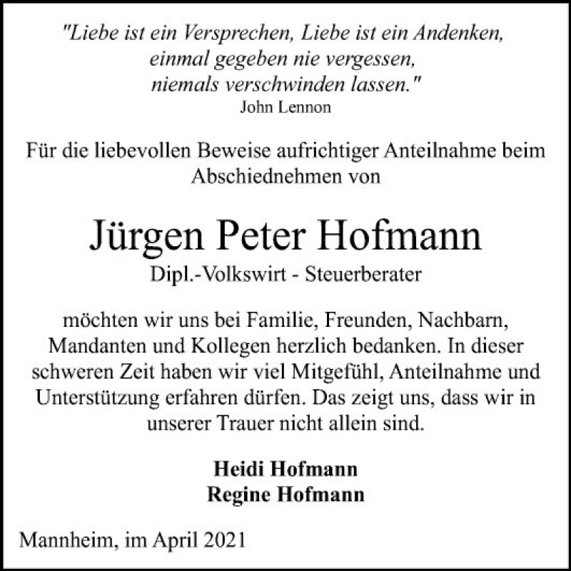  Traueranzeige für Jürgen Peter Hofmann vom 17.04.2021 aus Mannheimer Morgen