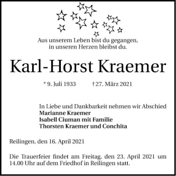 Traueranzeige von Karl-Horst Kraemer von Schwetzinger Zeitung