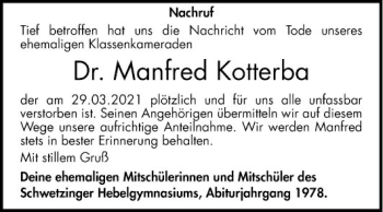 Traueranzeige von Manfred Kotterba von Schwetzinger Zeitung