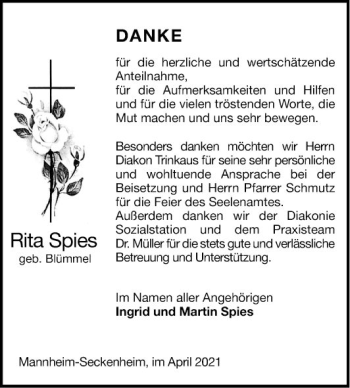Traueranzeige von Rita Spies von Mannheimer Morgen