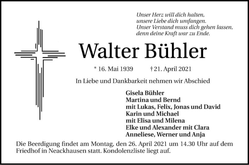  Traueranzeige für Walter Bühler vom 24.04.2021 aus Mannheimer Morgen