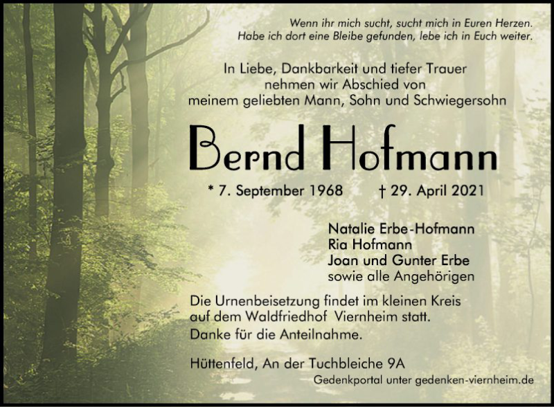  Traueranzeige für Bernd Hofmann vom 08.05.2021 aus Südhessen Morgen
