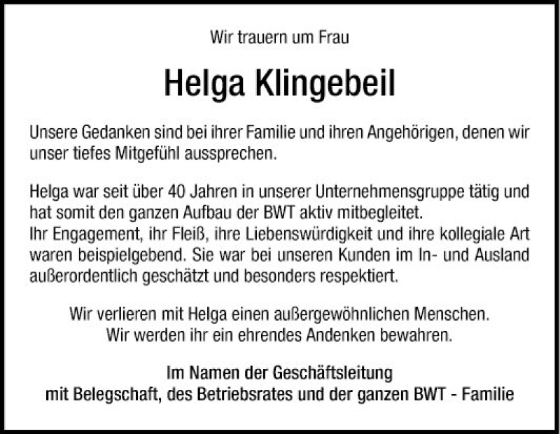  Traueranzeige für Helga Klingebeil vom 07.05.2021 aus Mannheimer Morgen