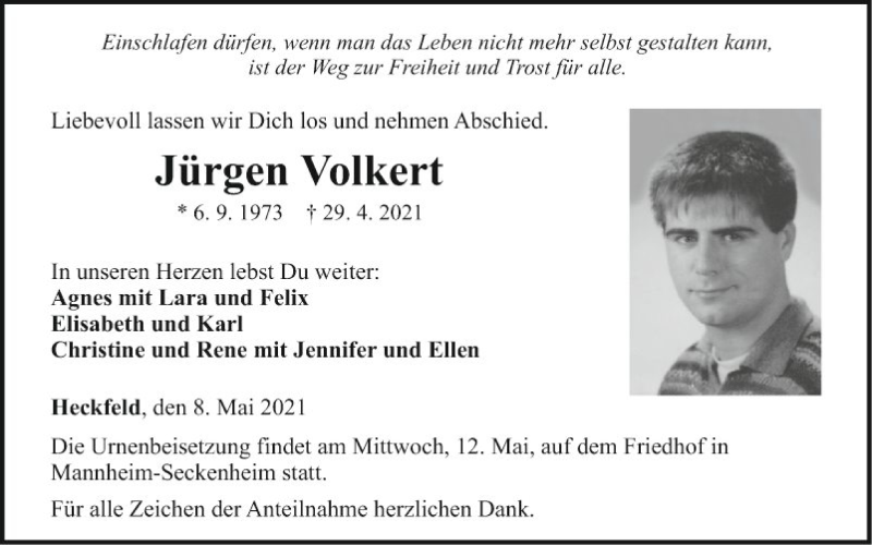  Traueranzeige für Jürgen Volkert vom 08.05.2021 aus Fränkische Nachrichten