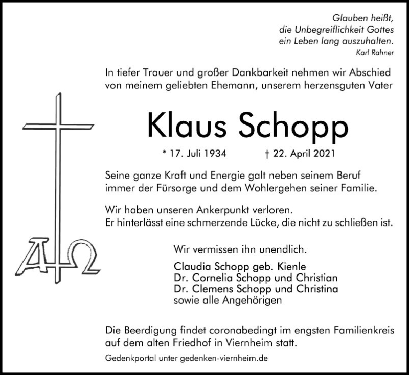  Traueranzeige für Klaus Schopp vom 05.05.2021 aus Südhessen Morgen