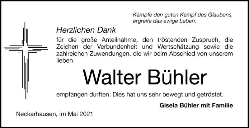  Traueranzeige für Walter Bühler vom 08.05.2021 aus Mannheimer Morgen