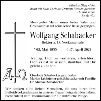 Traueranzeige von Wolfgang Schabacker von Mannheimer Morgen