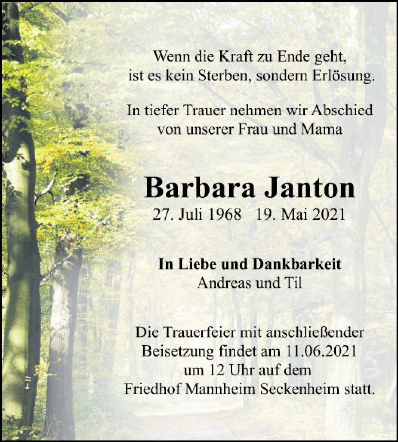  Traueranzeige für Barbara Janton vom 22.05.2021 aus Mannheimer Morgen