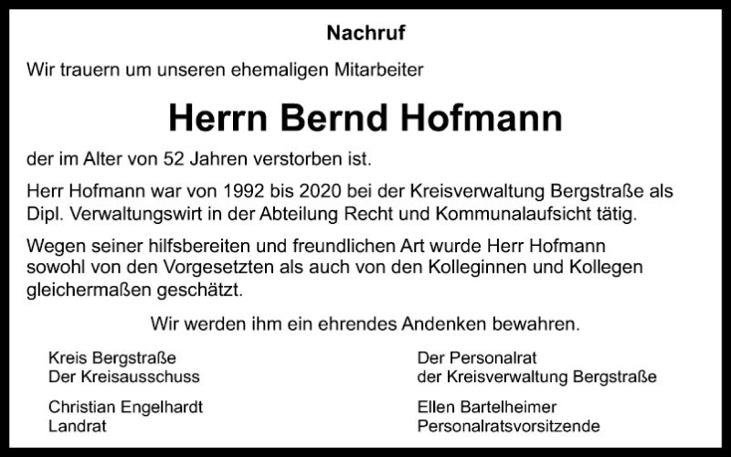  Traueranzeige für Bernd Hofmann vom 19.05.2021 aus Südhessen Morgen