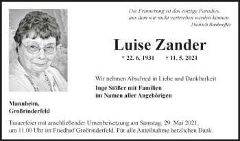 Traueranzeige von Luise Zander von Fränkische Nachrichten