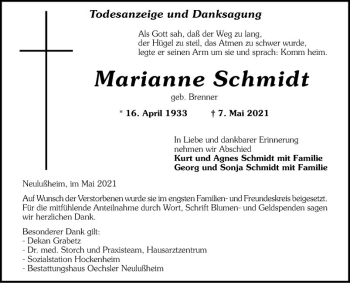 Traueranzeige von Marianne Schmidt von Schwetzinger Zeitung