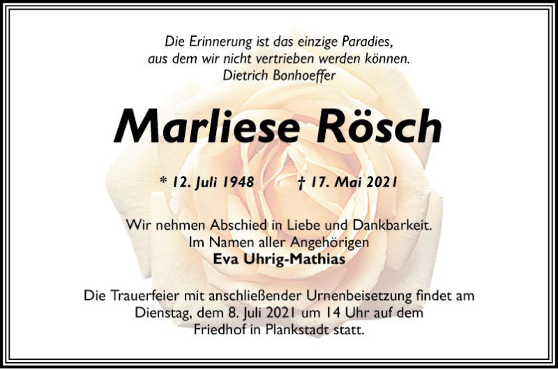  Traueranzeige für Marliese Rösch vom 22.05.2021 aus Schwetzinger Zeitung