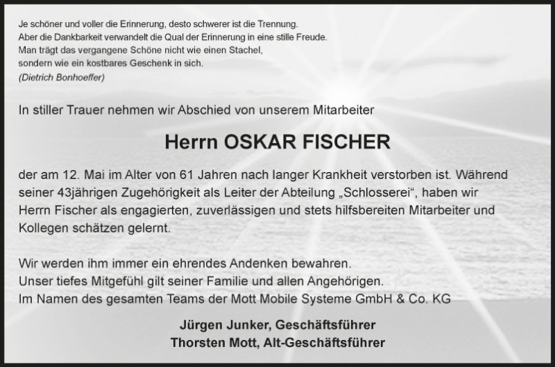  Traueranzeige für Oskar Fischer vom 20.05.2021 aus Fränkische Nachrichten