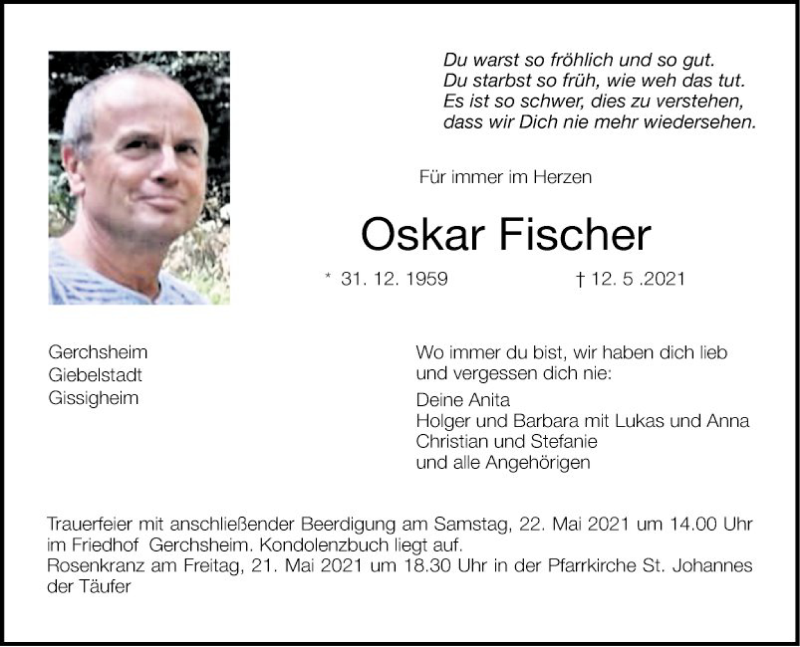  Traueranzeige für Oskar Fischer vom 20.05.2021 aus Fränkische Nachrichten