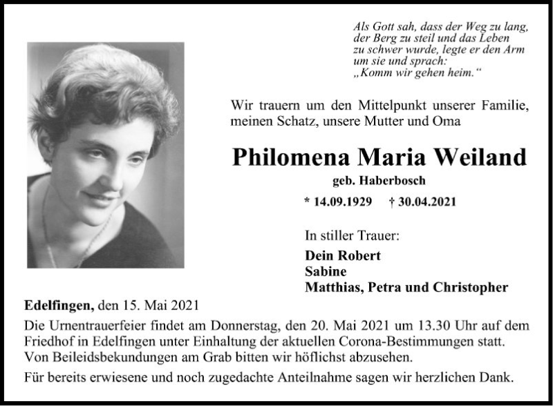  Traueranzeige für Philomena Maria Weiland vom 15.05.2021 aus Fränkische Nachrichten