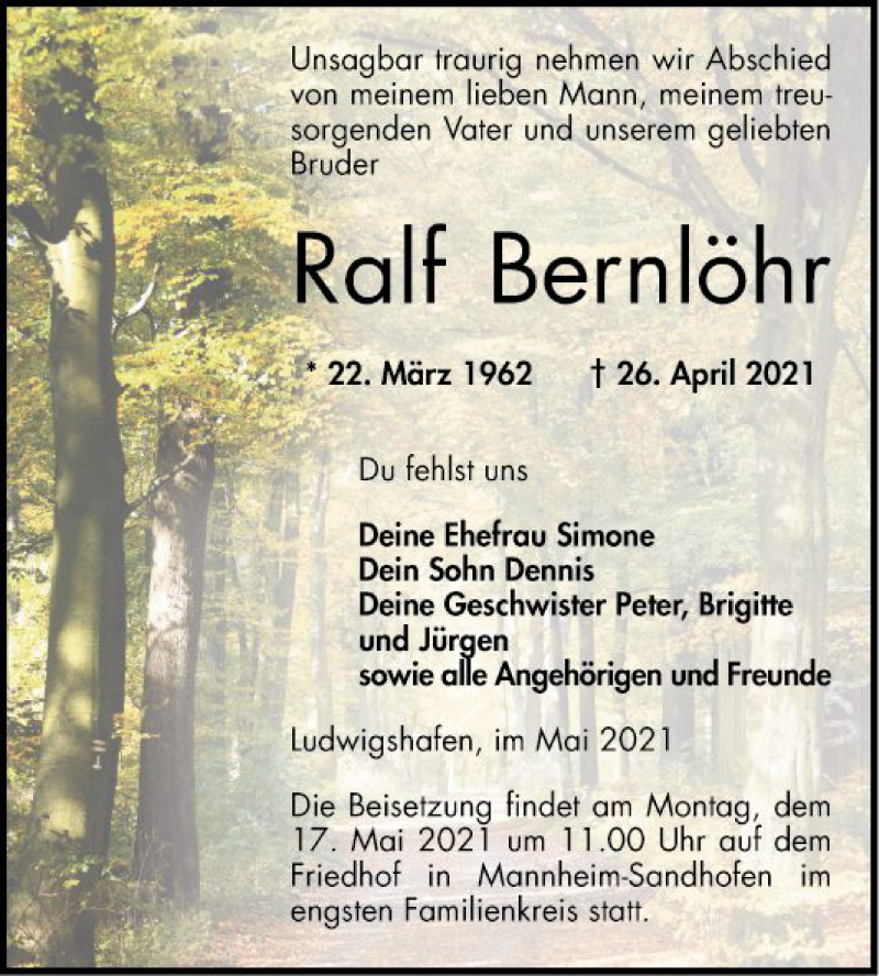  Traueranzeige für Ralf Bernlöhr vom 15.05.2021 aus Mannheimer Morgen