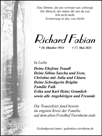 Traueranzeige von Richard Fabian von Südhessen Morgen