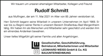Traueranzeige von Rudolf Schmitt von Fränkische Nachrichten