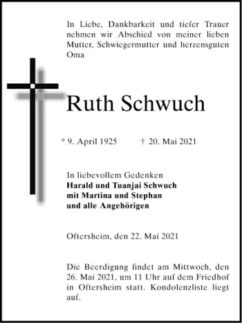 Traueranzeige von Ruth Schwuch von Schwetzinger Zeitung