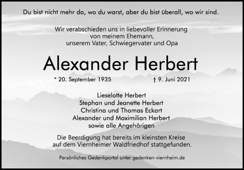  Traueranzeige für Alexander Herbert vom 19.06.2021 aus Südhessen Morgen