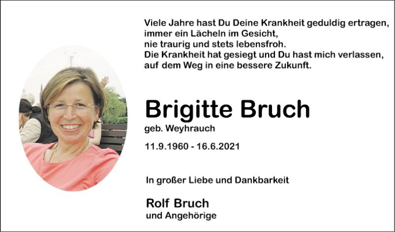  Traueranzeige für Brigitte Bruch vom 19.06.2021 aus Bergsträßer Anzeiger