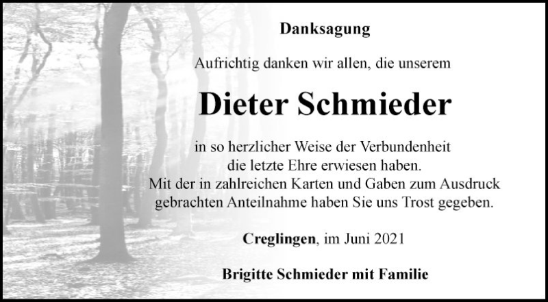  Traueranzeige für Dieter Schmieder vom 19.06.2021 aus Fränkische Nachrichten