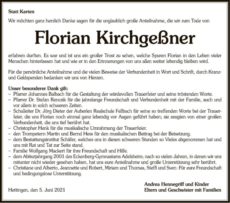  Traueranzeige für Florian Kirchgeßner vom 05.06.2021 aus Fränkische Nachrichten